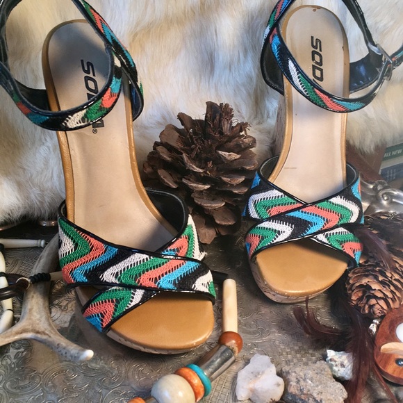 💍 Vintage Retro Soda Chevron Cork Wedge Heel - Picture 3 of 8